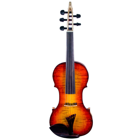 A classic four-string violin with a vibrant sunburst finish, featuring a warm orange and red body fading to black, set against a solid white background.