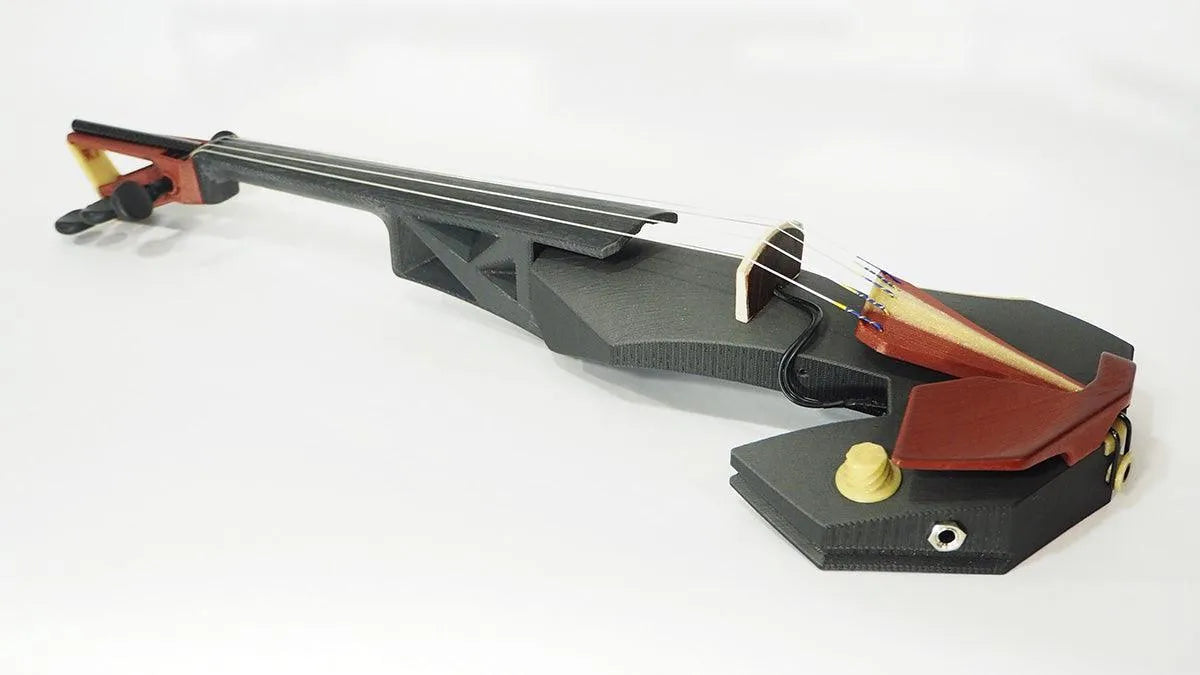 OpenFabPDX Modular Fiddle 5-string electric violin, black, gold, and red, with Starfish Designs bridge - Electric Violin Shop